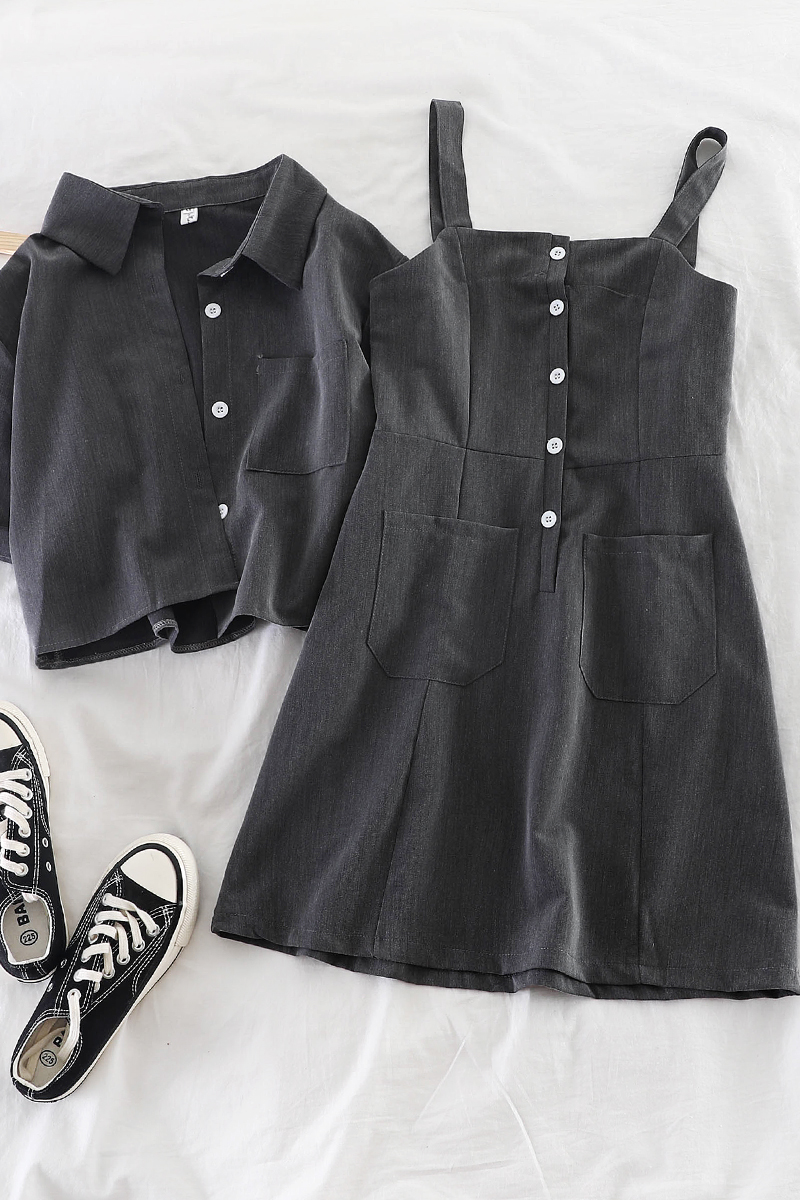 K166 Hong Kong Flavor Ins Net Red Temperament Strap Thin Dress POLO Collar Short Shirt Two-Piece Trendy Girl