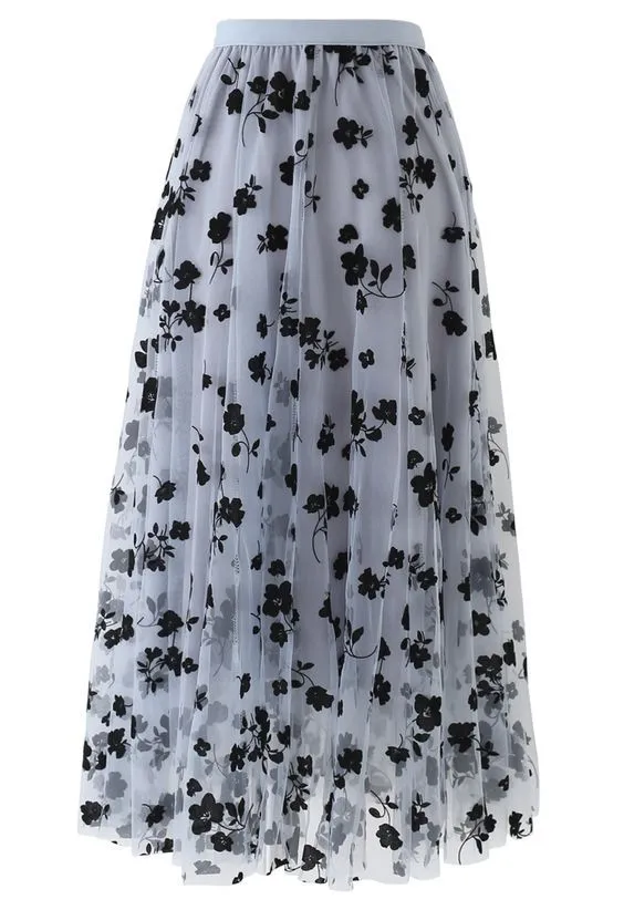 Women's A Line High Waist Mid Length Mesh Skirt Blue - Shop at LoveMi