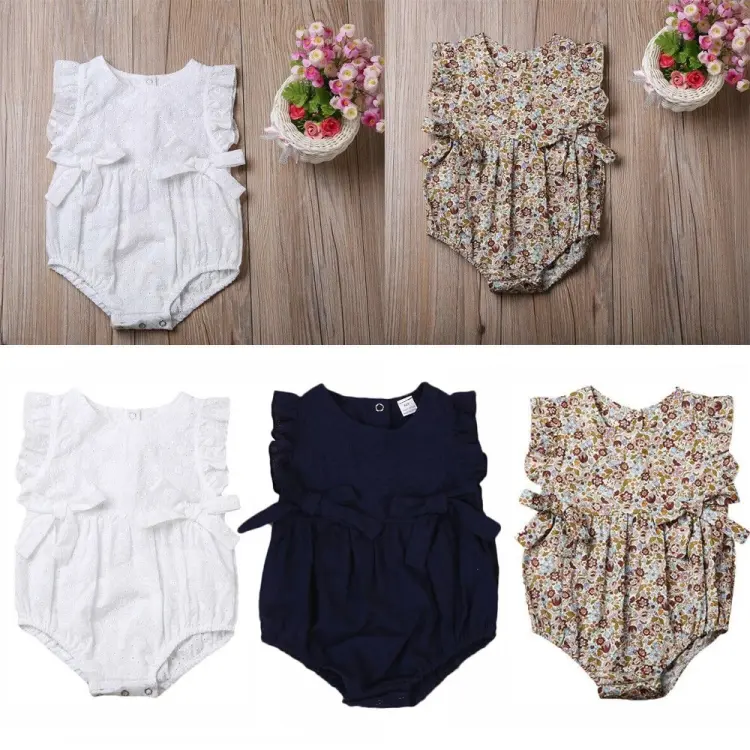 Baby Girl Sleeveless Jumpsuit Romper with Floral Design and Bow Detail
