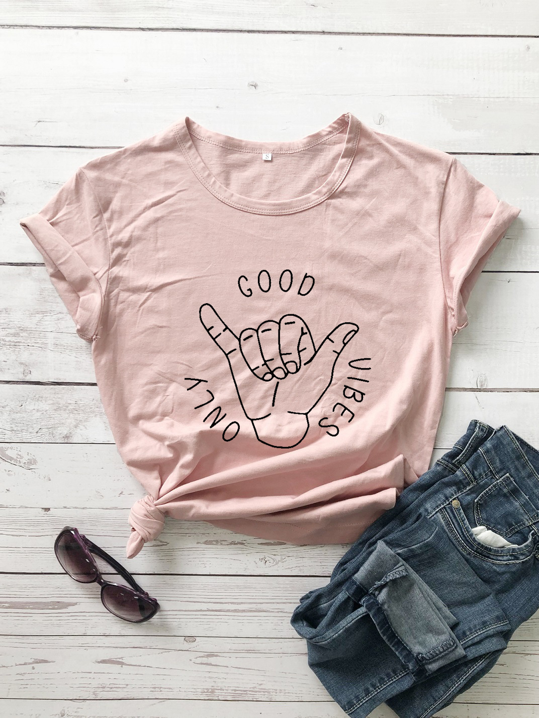 Good Vibes Only Short Sleeve European And American Alphabet Street Casual T Sleeve