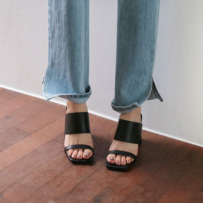 Outer Slippers Leather Is Thin Black High Heels