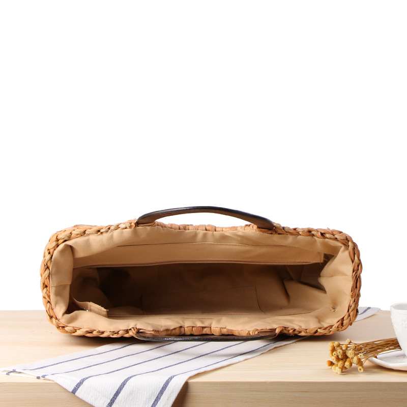 Wooden Handle Carrying Straw Woven Bag, Corn Husk Woven Beach Bag, Forest Solid Color Large-Capacity Female Bag