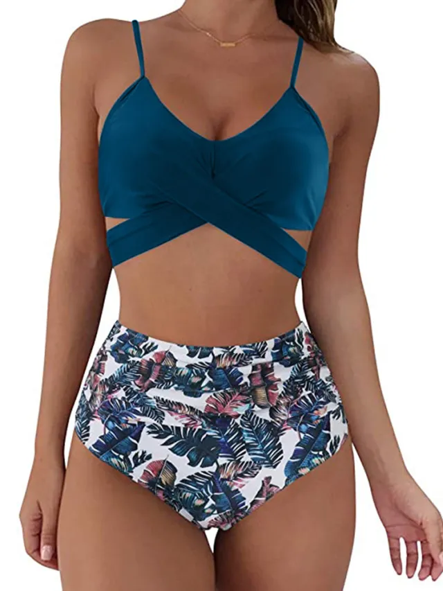 Women Sexy Soild Print Bikini Set Push Up Bathing Swimwear Blue - Shop at LoveMi