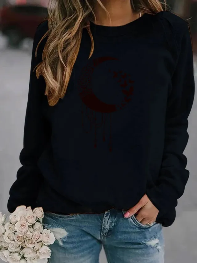 All Match Moon Print Pattern Hoodless Sweater Black - Shop at LoveMi