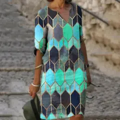 Cross-border European And American Summer One-piece Short Dress Retro Digital Printing Five-point Sleeves - Blue - View 1