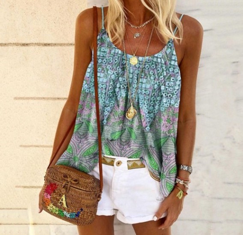 Women's Fashion Casual Camisole Loose Printed Cotton T Shirt