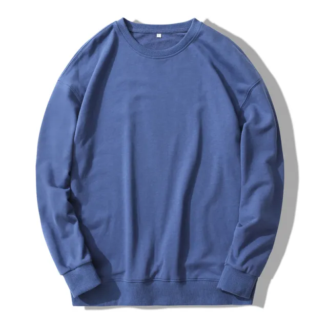 Round Neck Terry Sweater Loose Solid Color Men's Long Sleeved T Shirt Bottoming Shirt Blue - Shop at LoveMi