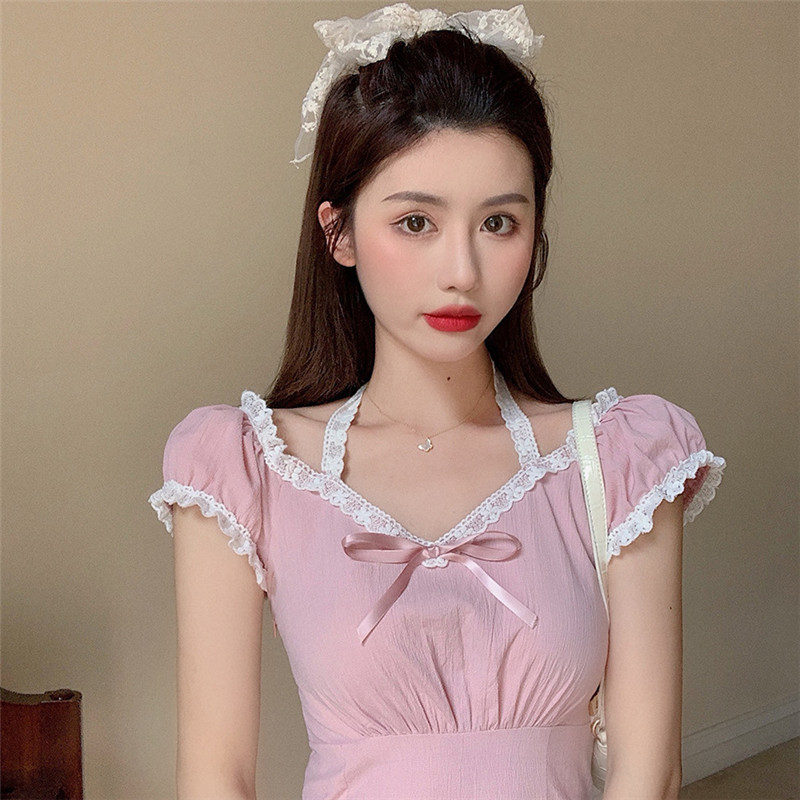 Pink Girl's Dress With Waist and Thin French Skirt