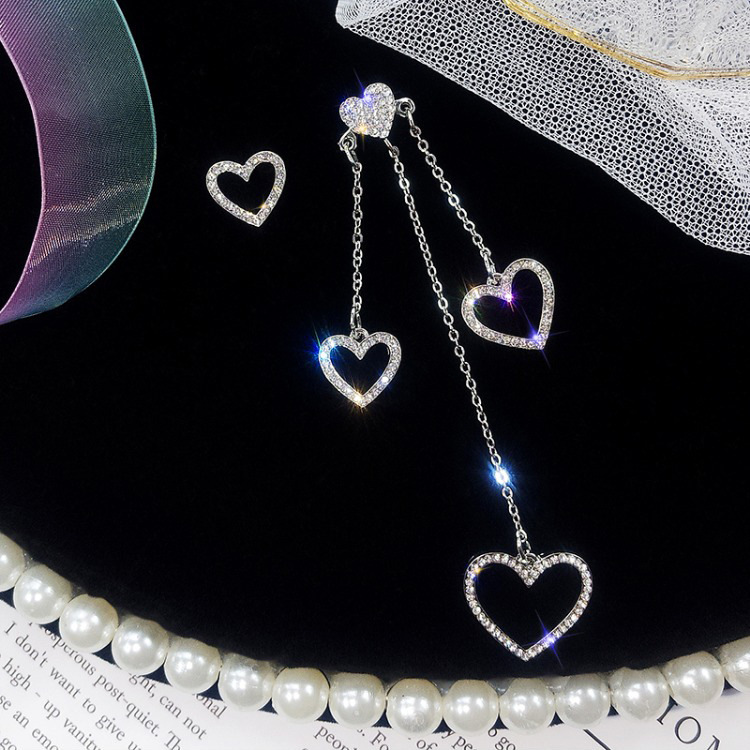 Silver Needle Love Inlaid Diamond Asymmetric  Long Tassel Earrings