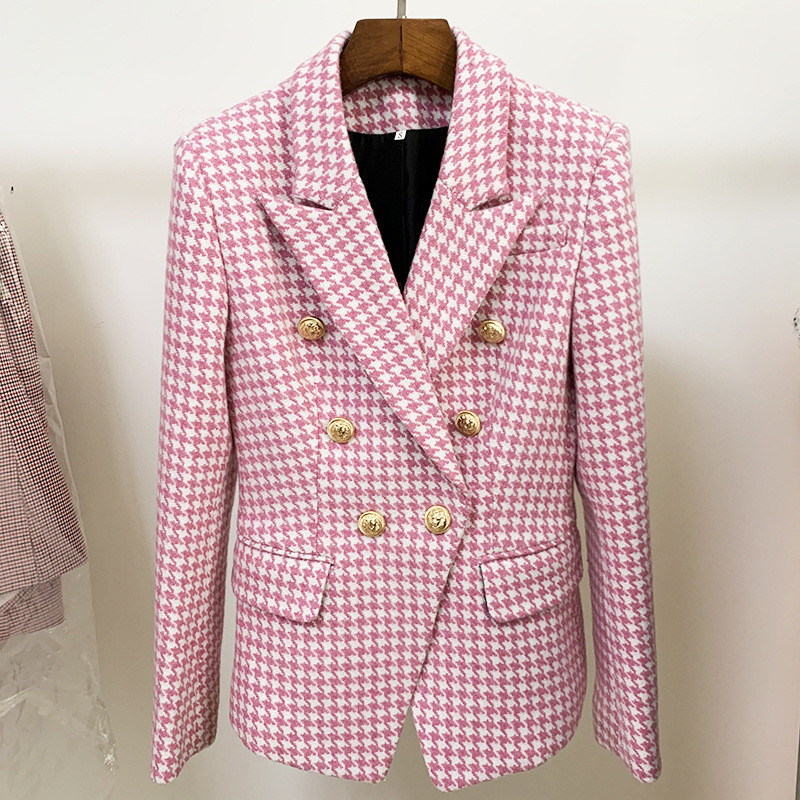 Double-breasted Pink Houndstooth Woolen Slim-fit Blazer