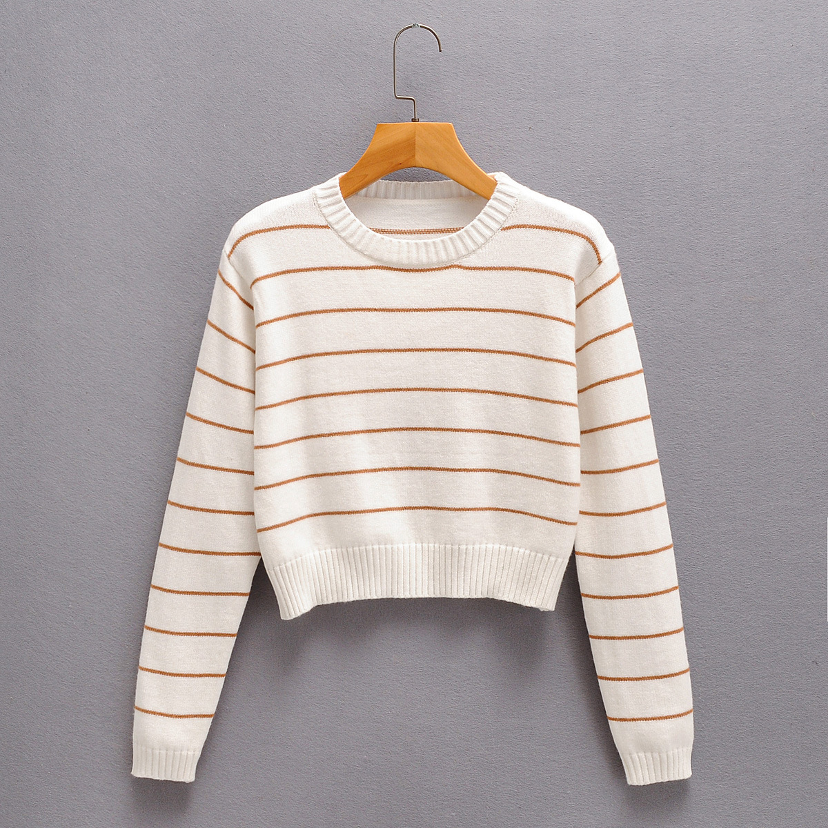 Title 2, Short Round Neck Color-block Striped Long-sleev...