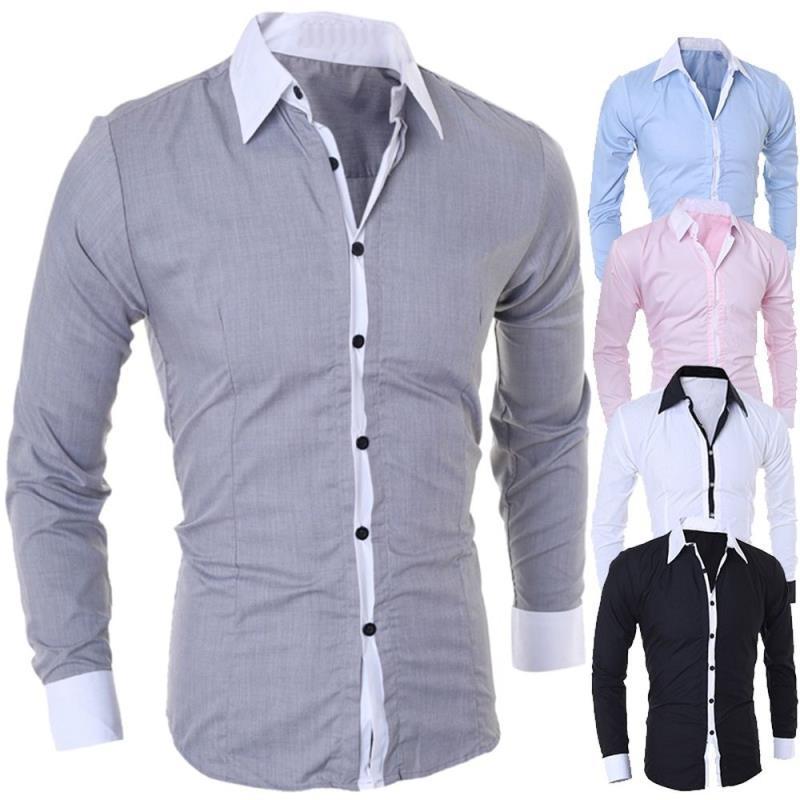 Men's Casual Contrast Color Square Collar Long Sleeved Fashion Shirt