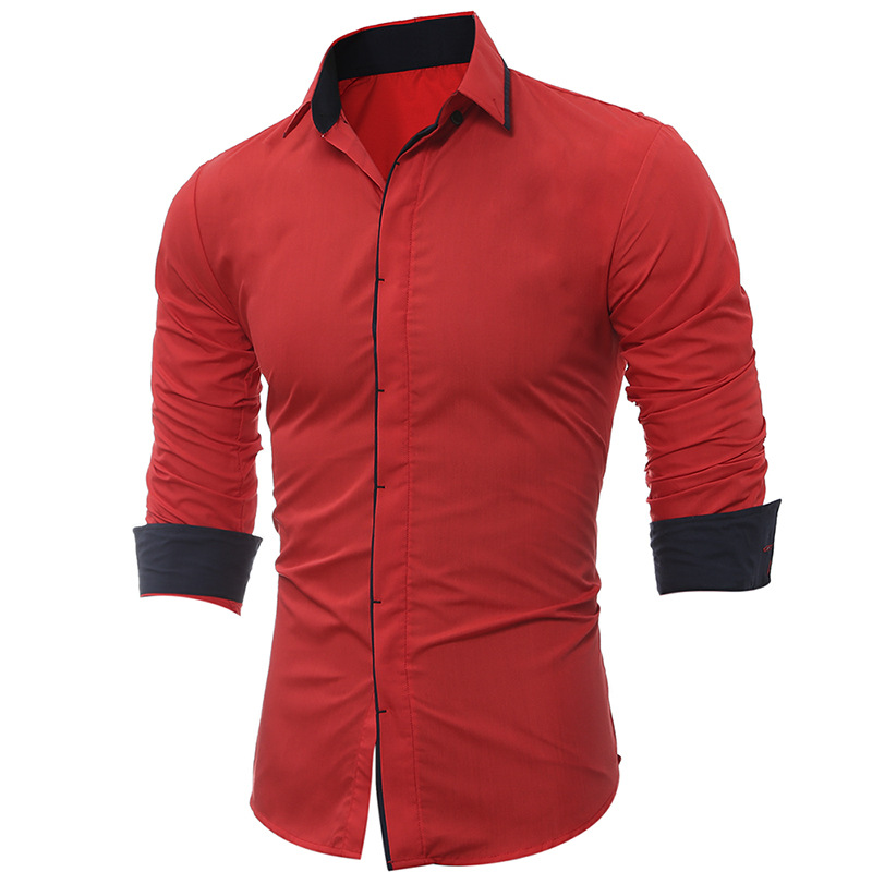 Men's Casual Slim Fit Long Sleeved Shirt With Concealed Placket And Contrast Edging