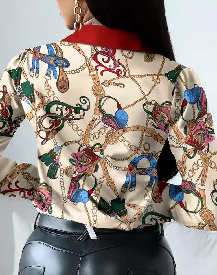 Printed Contrast Color Long Sleeved Temperament Slim Fit Blouse