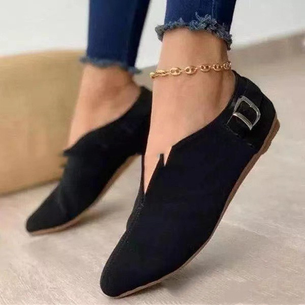 New Style Pointed Suede Low Cut Foot Casual Buckle Women's Shoes Black - Shop at LoveMi
