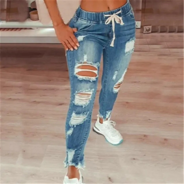High waist Lace up Slim fit Stretch leg Trousers Ripped Denim Trousers Blue - Shop at LoveMi