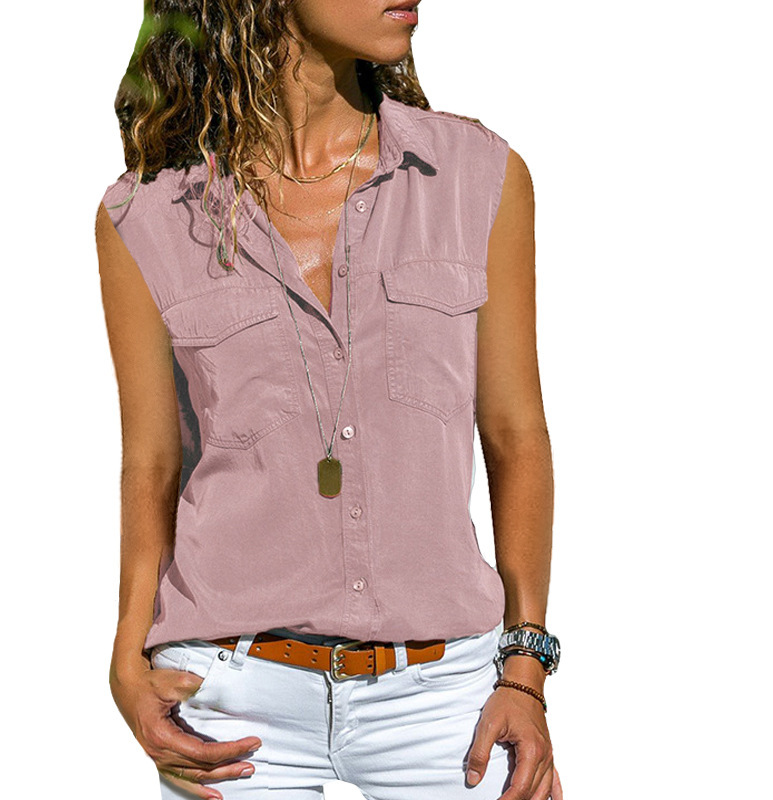Ladies Top Lapel Solid Color Sleeveless Shirt