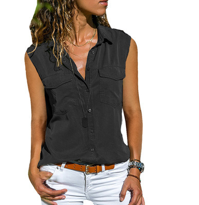Ladies Top Lapel Solid Color Sleeveless Shirt Black - Shop at LoveMi
