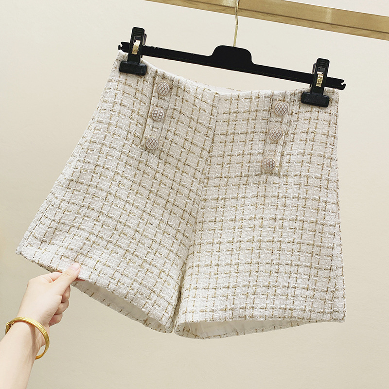 Temperament All-Match Small Fragrance Wind Bright Silk Tweed High Waist Thin Double-Breasted Shorts Wide-Leg Pants