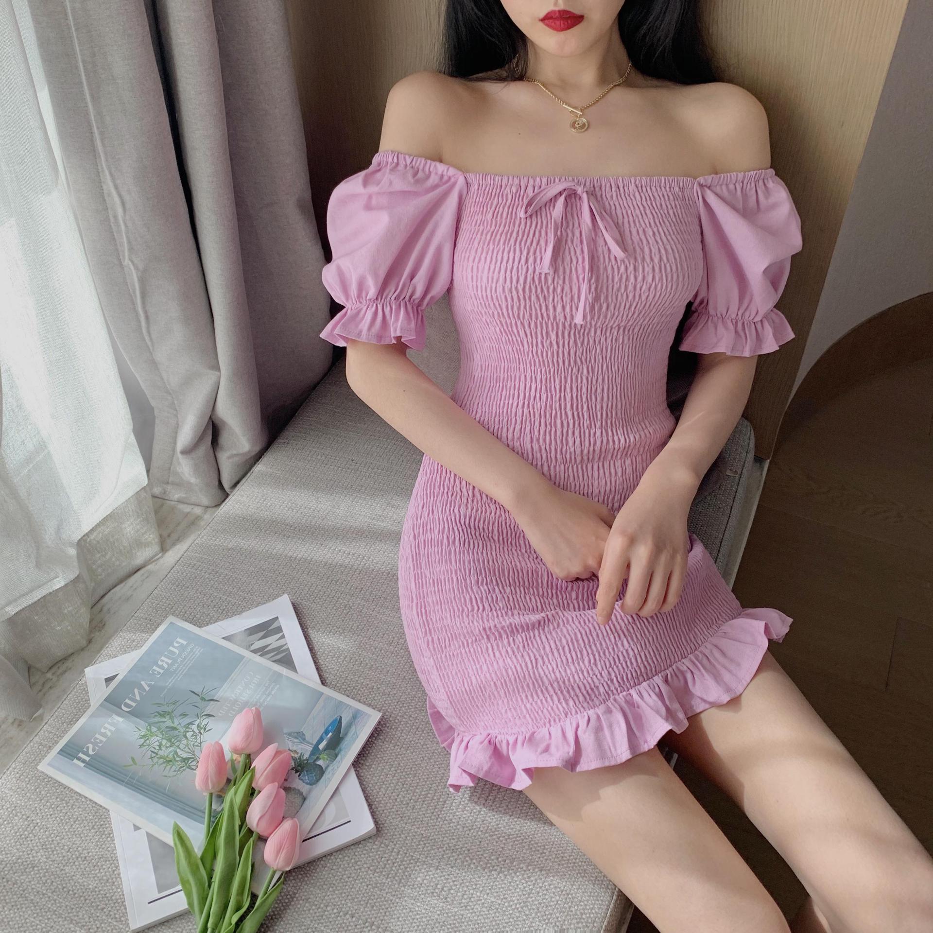 Women's Short Dress With Bow Neckline And Ruffles