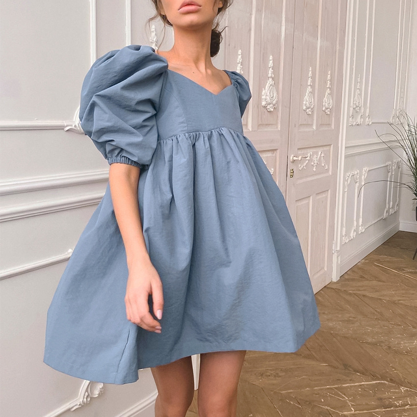 Pure Cotton Puff Sleeve Solid Color A-Line Short Dress
