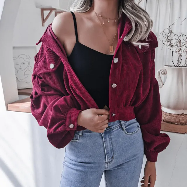 Lantern Long Sleeved Corduroy Casual Short Coat Jacket Red - Shop at LoveMi