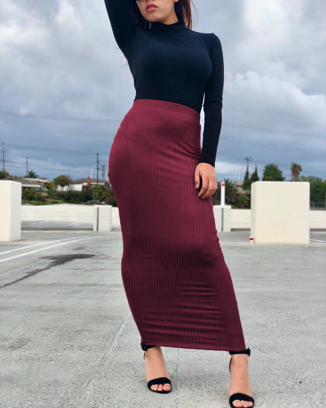 Knit Skirt With Striped Tight fitting Hips And Ankles Wine - Shop at LoveMi