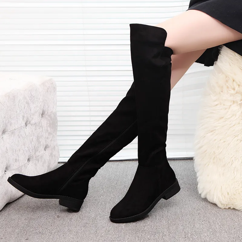 Women's Long High Tube Flat Over The Knee Boots - Black