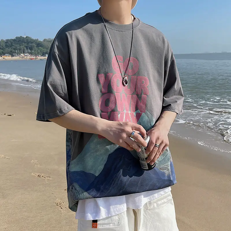 Summer Ins Super Fire Snow Mountain Print Short-Sleeved T-Shirt Male Tide Brand Street Hip-Hop Half-Sleeved Tee