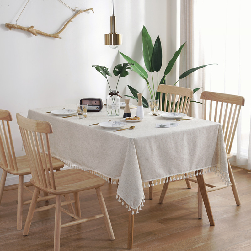 Nordic Simple Slub Hemp Solid Color Tassel Tablecloth