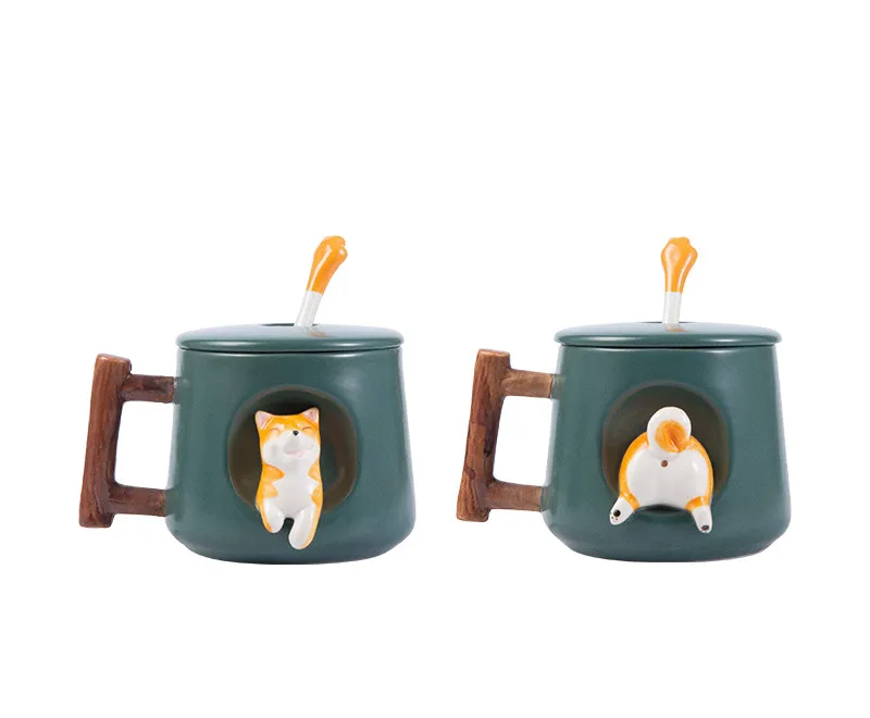 Lovers Shiba Inu Cup Corgi Ceramic Cup - Dark Green2Pcs