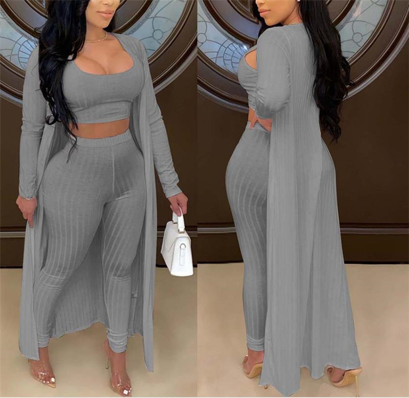 European and American Three-piece Digital Solid Color High-waisted Trousers and Long Coat Vest