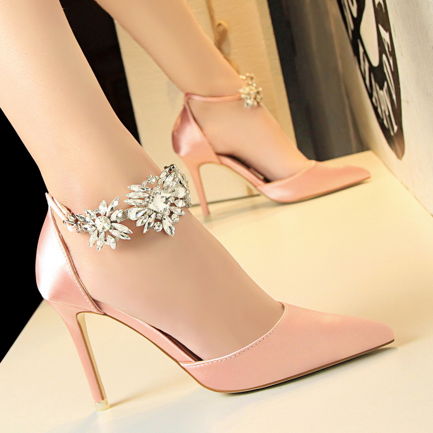 Pointed Shallow Mouth Hollow Rhinestone Women's High Heels Pink - Shop at LoveMi