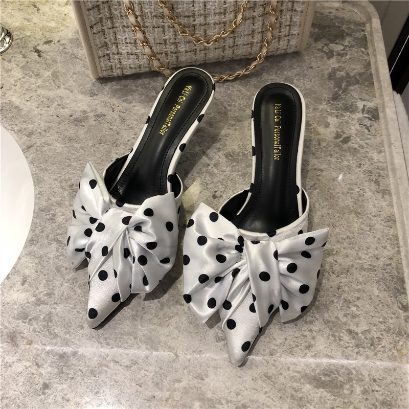 Personalized Polka Dot Fashion Trendy Women's Sandals Satin Bow Pointed Toe Slippers