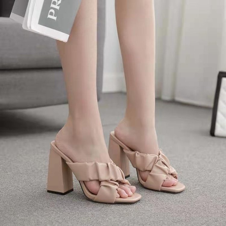 Fashion Pleated Cross Belt Thick Heel High Heel Large Size Sandals And Slippers Women