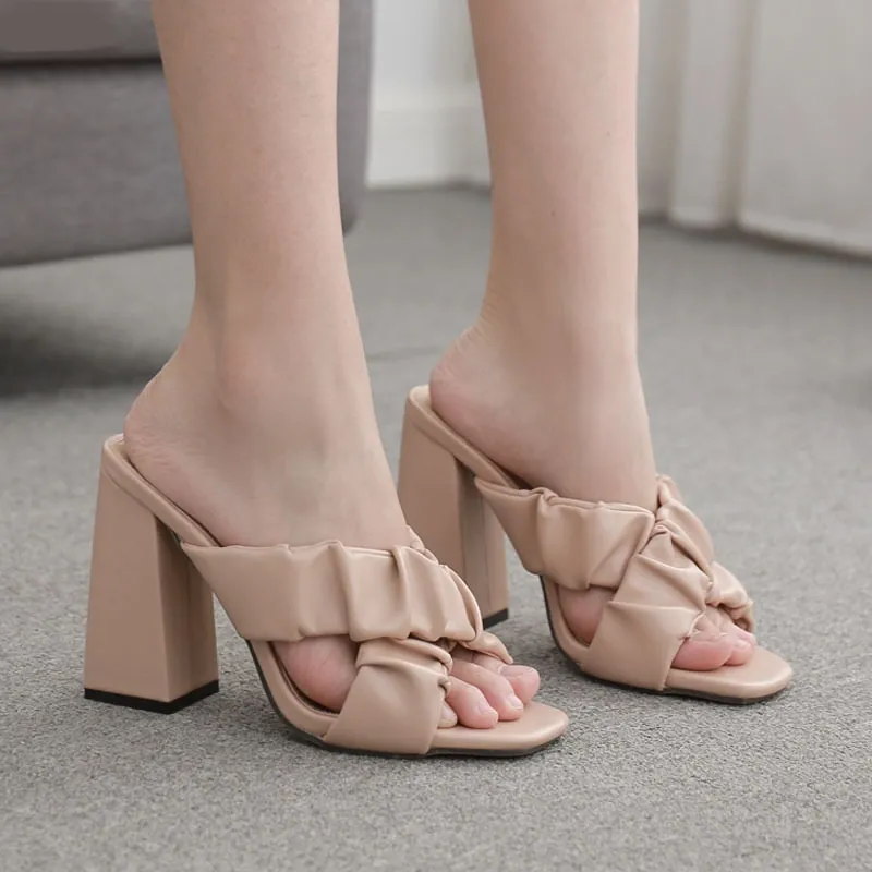 Fashion Pleated Cross Belt Thick Heel High Heel Large Size Sandals And Slippers Women - Khaki