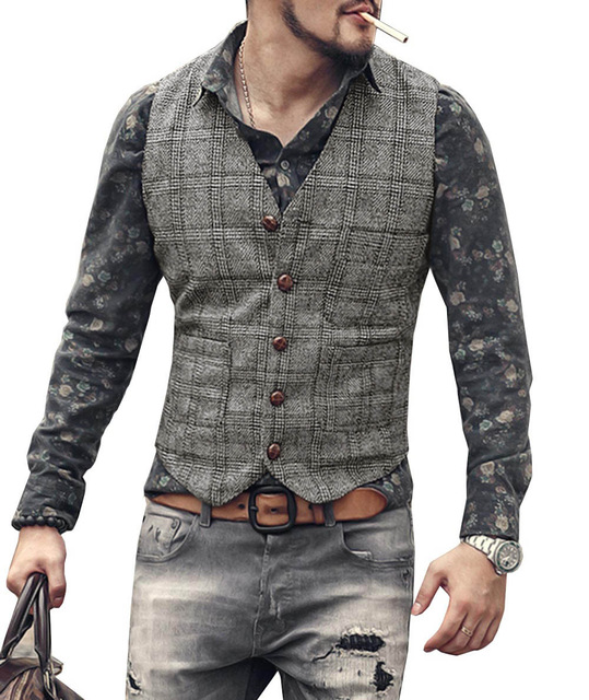 Men's Slim Brown Black Tweed Plaid Suit Vest