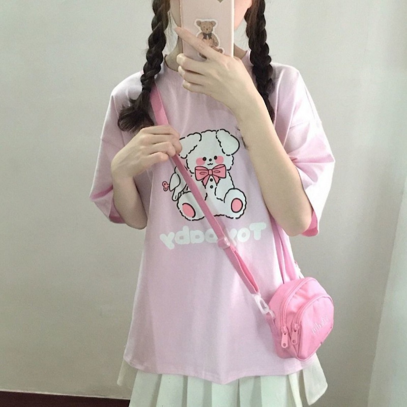 Cartoon Puppy Print Round Neck Short Sleeve