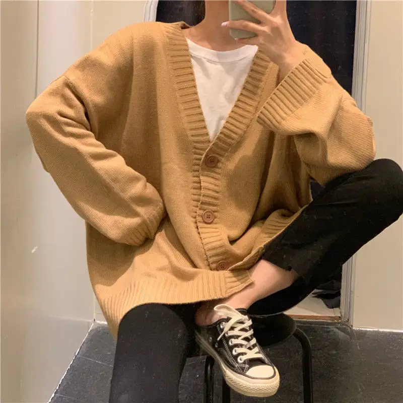 Autumn And Winter Students Korean Style Lazy Style V-neck Single-breasted Sweater Coat Women's Loose Long Sleeves