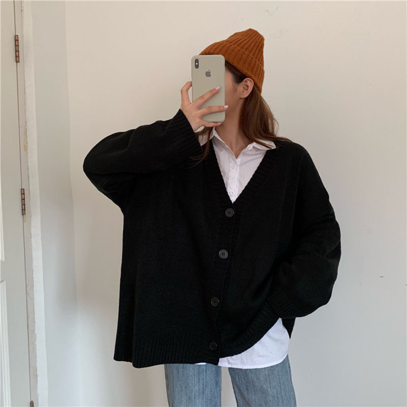 Autumn And Winter Students Korean Style Lazy Style V-neck Single-breasted Sweater Coat Women's Loose Long Sleeves