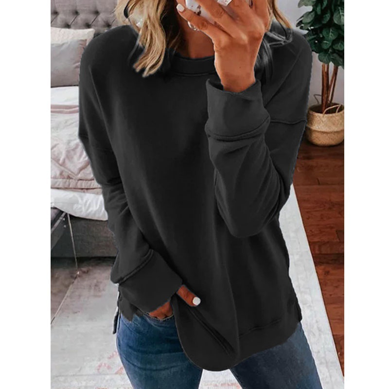 Title 12, Casual Round Neck Loose Solid Color Long-sleeve...