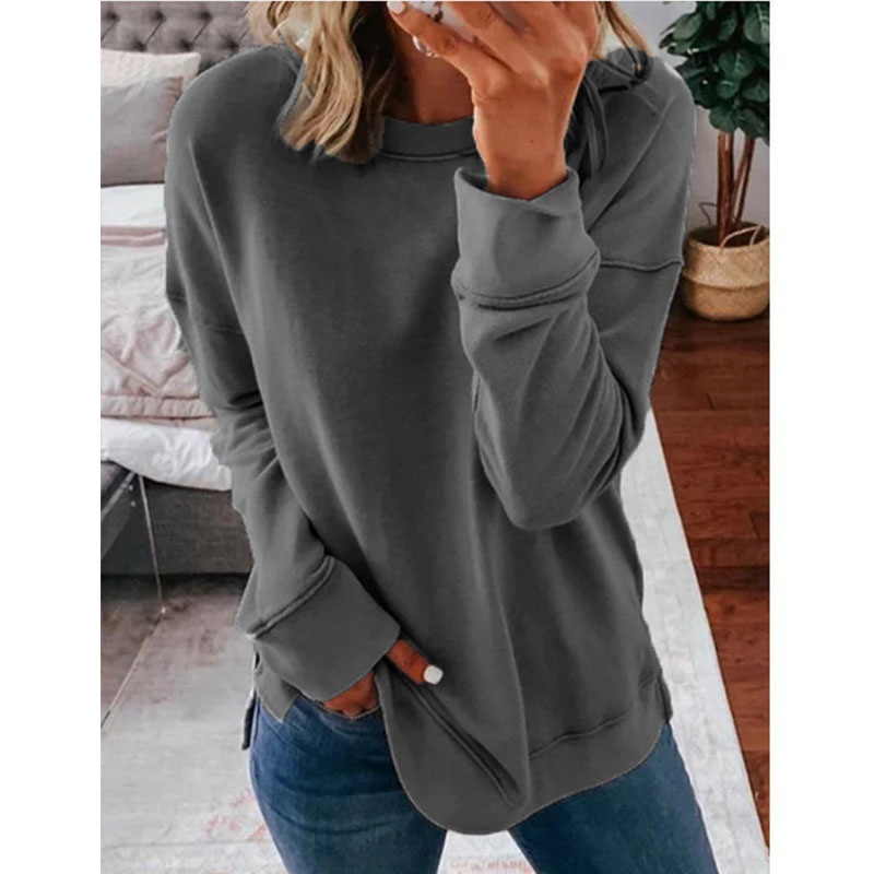 Title 9, Casual Round Neck Loose Solid Color Long-sleeve...