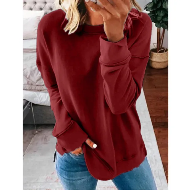 Casual Round Neck Loose Solid Color Long sleeved T shirt Red - Shop at LoveMi