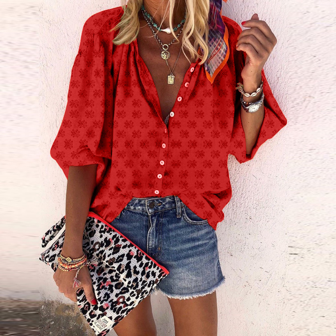 Women's Clothing Printed Button-down Collar Shirt