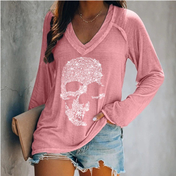 Skull Print Casual Long-sleeved Pullover Deep V-neck T-shirt