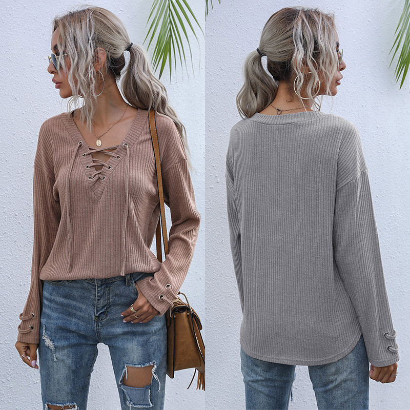 Pure Color Versatile Long-sleeved V-neck Lace-up Knit Bottoming Shirt