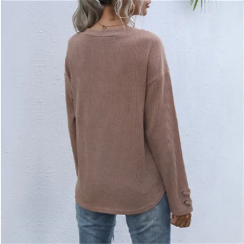 Pure Color Versatile Long-sleeved V-neck Lace-up Knit Bottoming Shirt