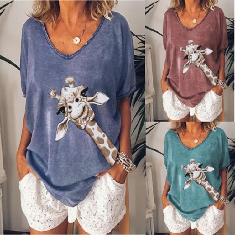 Deer Head Print New V-neck T-shirt