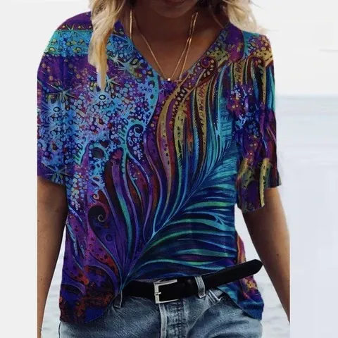 European And American Women's New Abstract Print Short Sleeved T Shirt Marineblauw - Shop at LoveMi
