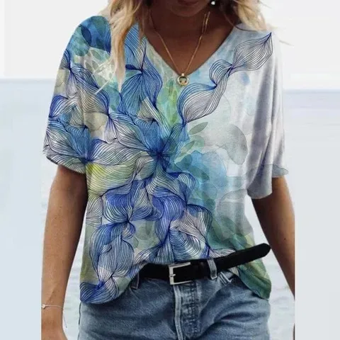 European And American Women's New Abstract Print Short Sleeved T Shirt Blue - Shop at LoveMi
